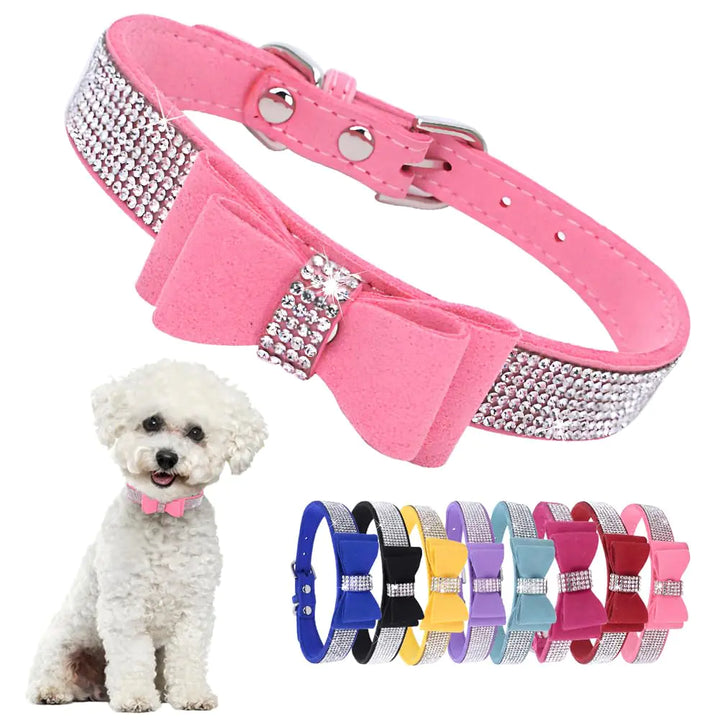 Hotlion Bow Tie Rhinestone Dog Collar Cute Sparkling Crystal Diamond Puppy Kitten Pet Cat Collar for Small Dogs Boys Girls Pink XS