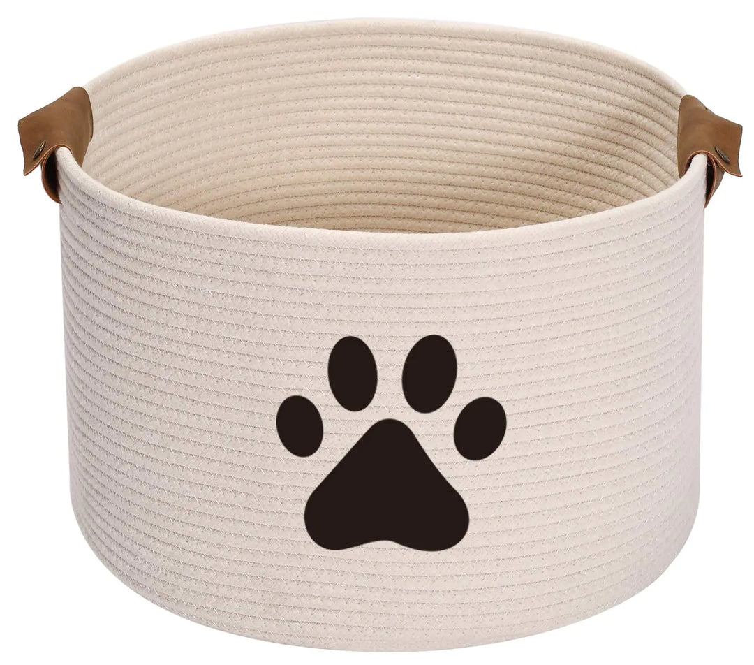 Geyecete round dog toy basket in beige, made from safe weave rope, with paw print design.
