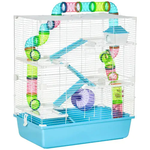 Oversized 23-inch hamster cage with tube, tunnel, exercise wheels, and portable handle in blue.