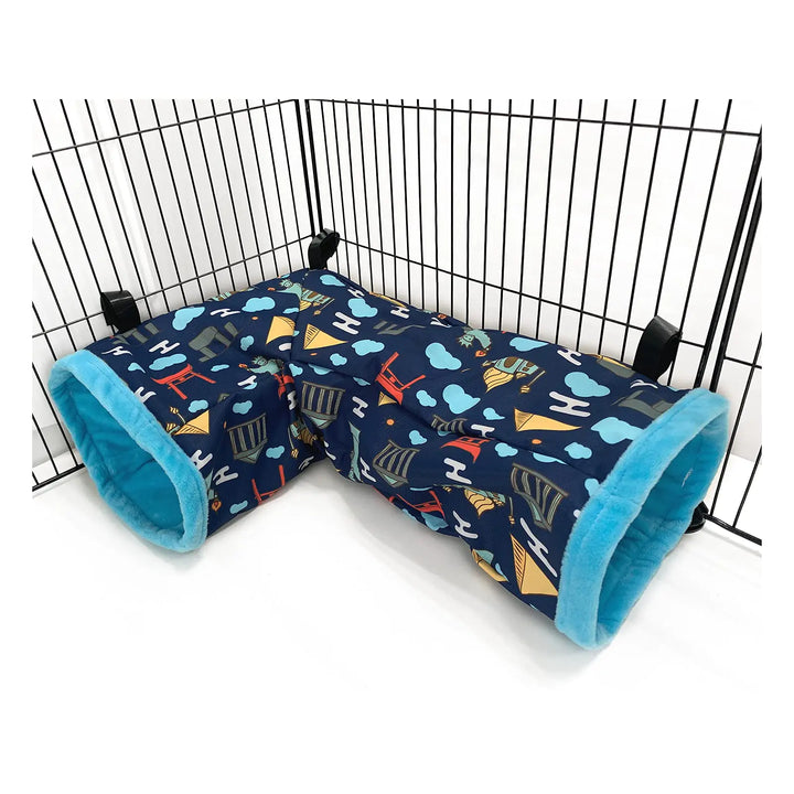 Ferret cage tunnel tube with fleece lining in blue, ideal for small pets.
