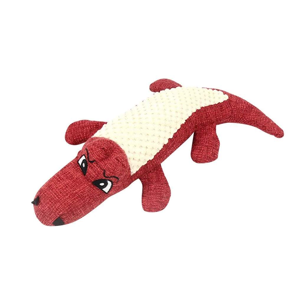 Linen plush crocodile dog toy in red with squeaky feature, eco-friendly and durable.