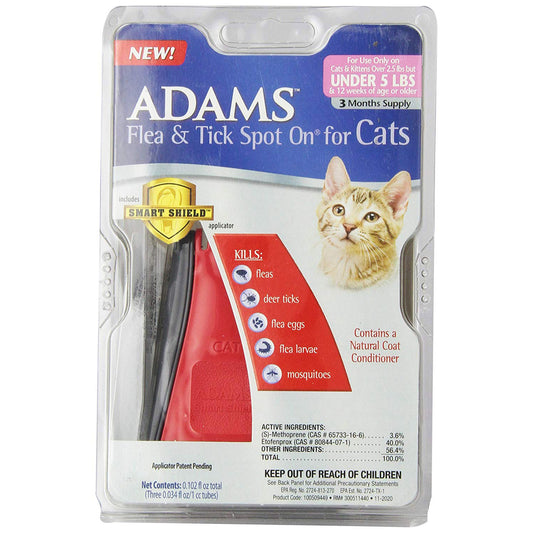 Adams Flea and Tick Spot On for Cats kills fleas, deer ticks, flea eggs, flea larvae, and mosquitoes for 30 days.